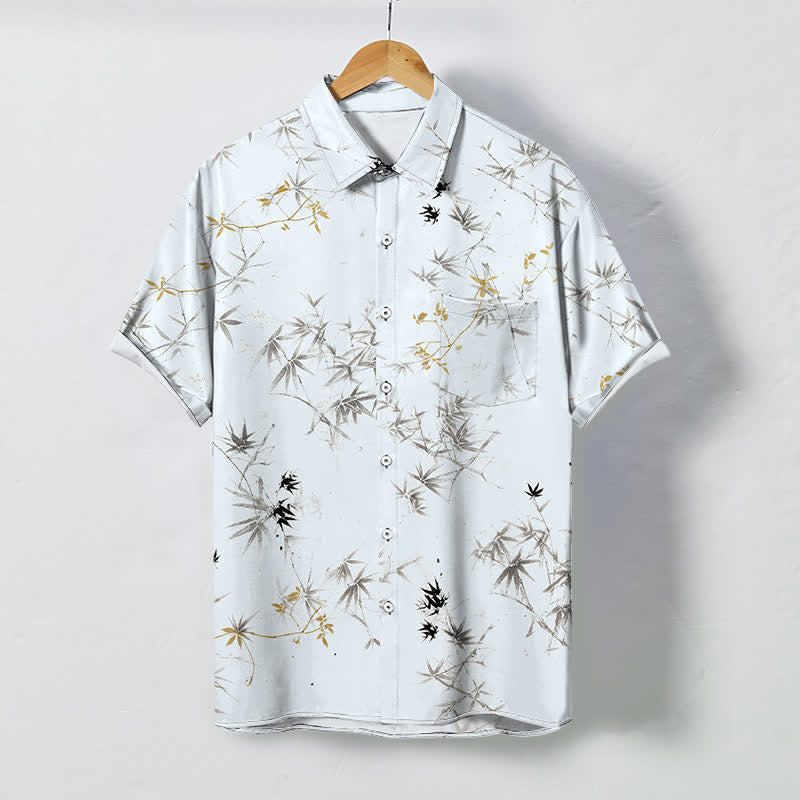 Buddha Stones Camisa transpirable de manga corta para hombre con botones y estampado de hojas de bambú. - Blanco - US/UK/AU48, UE58 (4XL) - image 0