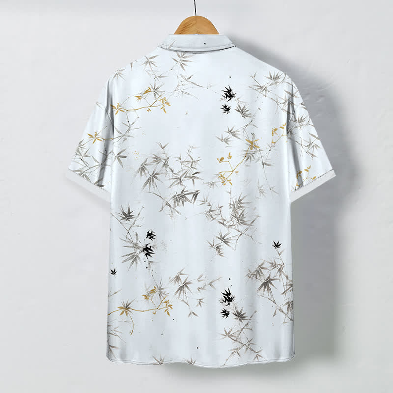 Buddha Stones Camisa transpirable de manga corta para hombre con botones y estampado de hojas de bambú. - image 1