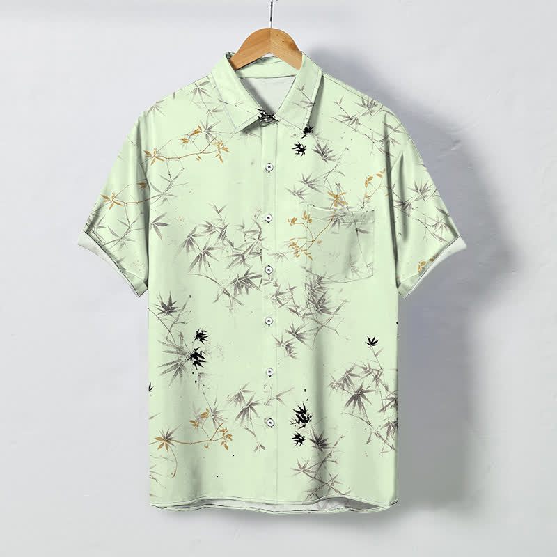 Buddha Stones Camisa transpirable de manga corta para hombre con botones y estampado de hojas de bambú. - Gotas de miel - US/UK/AU48, UE58 (4XL) - image 3