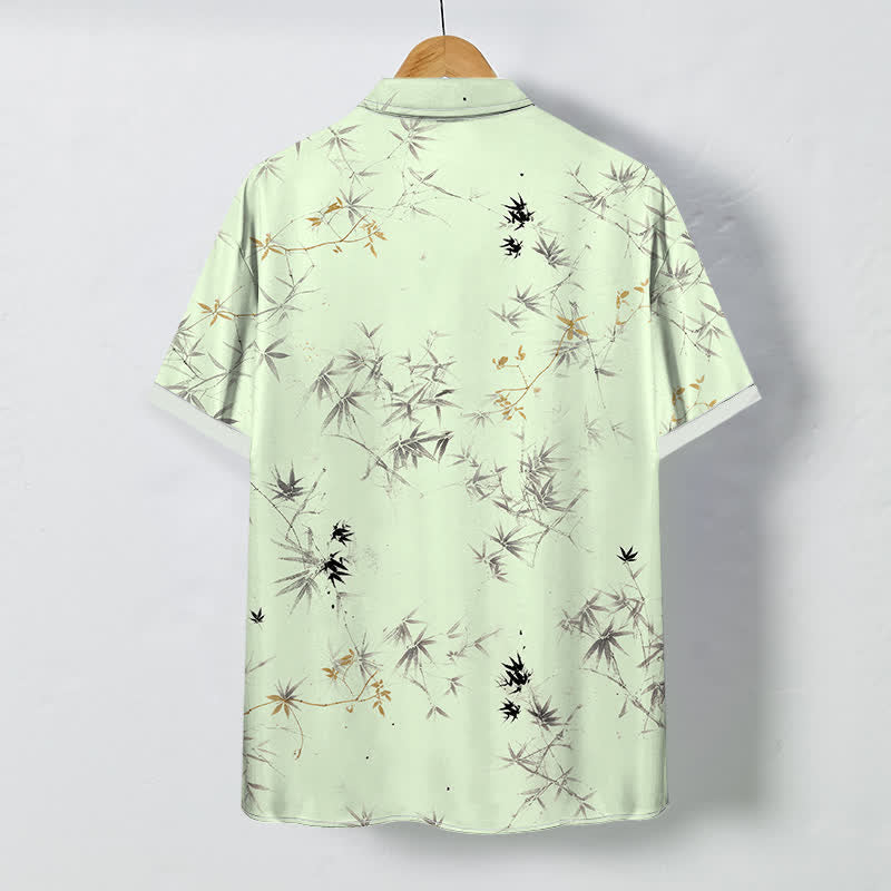 Buddha Stones Camisa transpirable de manga corta para hombre con botones y estampado de hojas de bambú. - image 4