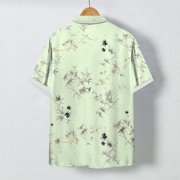 Buddha Stones Camisa transpirable de manga corta para hombre con botones y estampado de hojas de bambú. - image 4