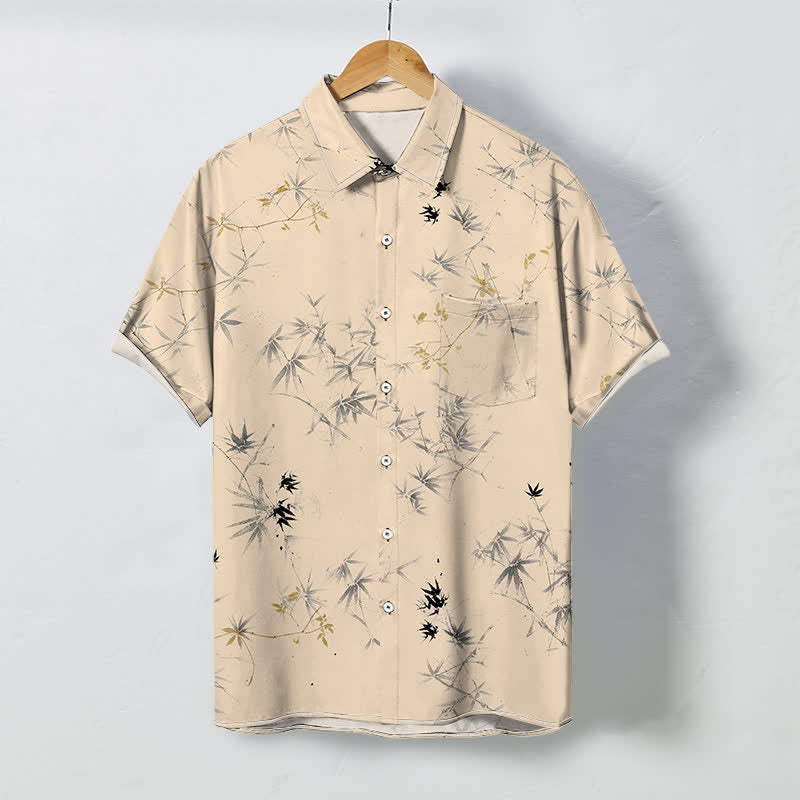 Buddha Stones Camisa transpirable de manga corta para hombre con botones y estampado de hojas de bambú. - Trigo - US/UK/AU48, UE58 (4XL) - image 5