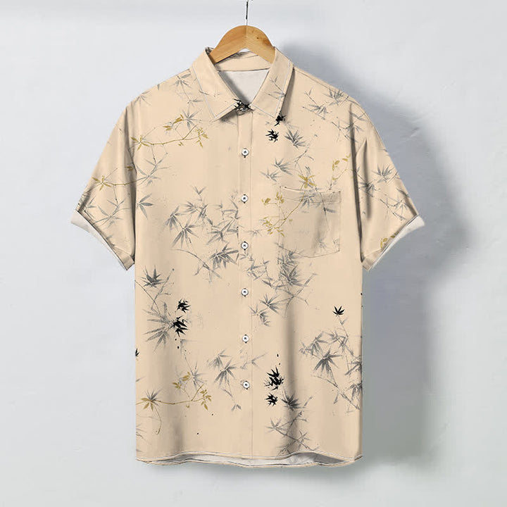 Buddha Stones Camisa transpirable de manga corta para hombre con botones y estampado de hojas de bambú. - Trigo - US/UK/AU48, UE58 (4XL) - image 5