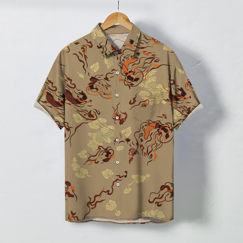 Buddha Stones Camisa transpirable de manga corta para hombre con botones y estampado abstracto de remolinos en tonos tierra. - Broncearse - US/UK/AU48, UE58 (4XL) - image 0