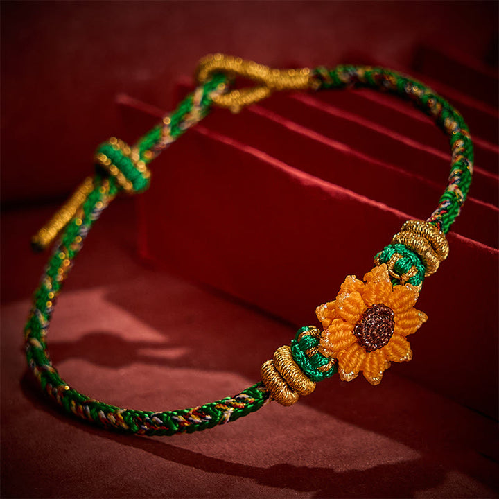 Buddha Stones Pulsera tejida a mano con hilo colorido verde y amarillo con diseño de girasol y la palabra "esperanza". - image 3