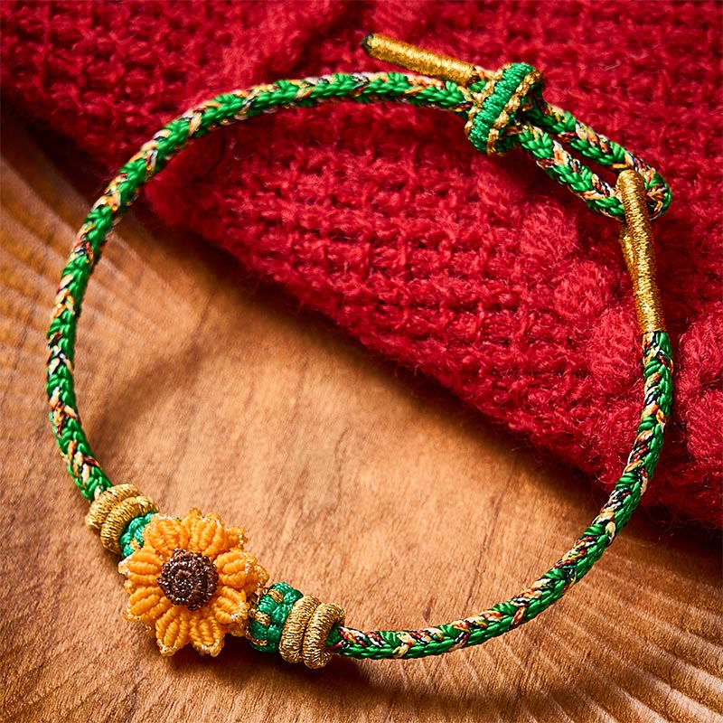 Buddha Stones Pulsera tejida a mano con hilo colorido verde y amarillo con diseño de girasol y la palabra "esperanza". - image 2
