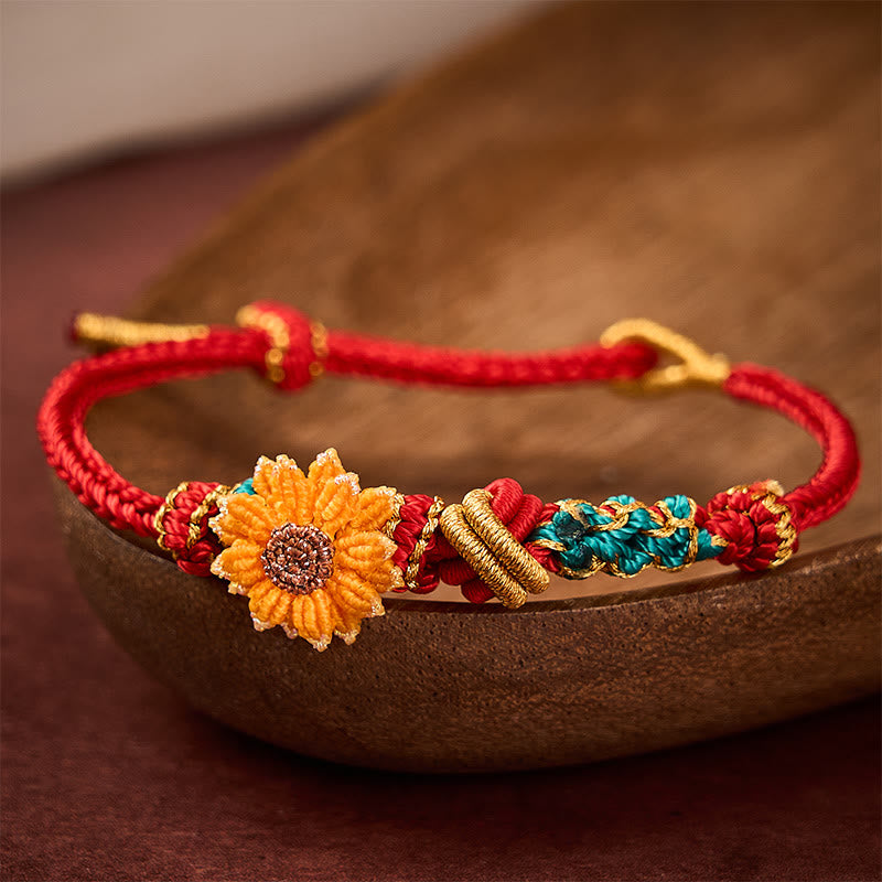 Buddha Stones Pulsera de la suerte tejida a mano con hilo rojo, flor de durazno y girasol. - image 13