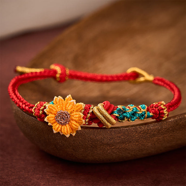 Buddha Stones Pulsera de la suerte tejida a mano con hilo rojo, flor de durazno y girasol. - image 13