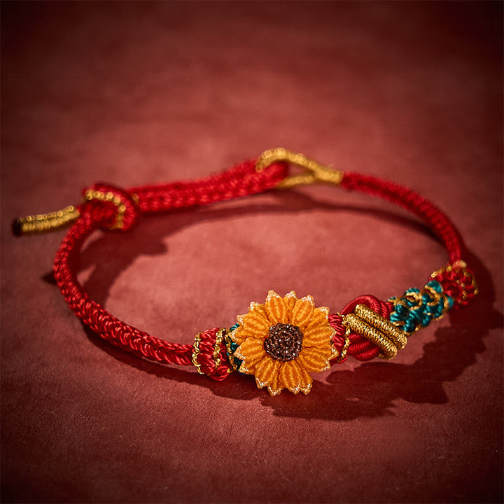 Buddha Stones Pulsera de la suerte tejida a mano con hilo rojo, flor de durazno y girasol. - image 14