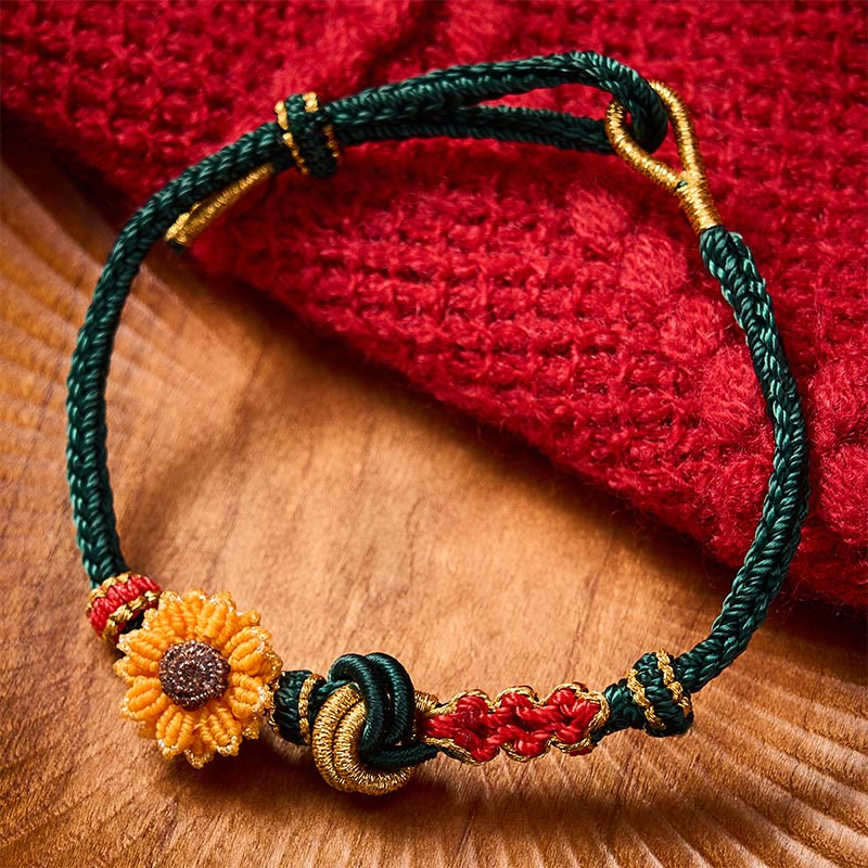 Buddha Stones Pulsera de la suerte tejida a mano con hilo rojo, flor de durazno y girasol. - image 1