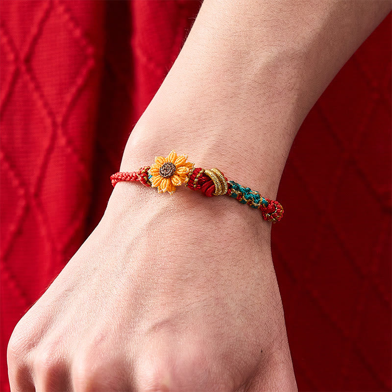 Buddha Stones Pulsera de la suerte tejida a mano con hilo rojo, flor de durazno y girasol. - image 17