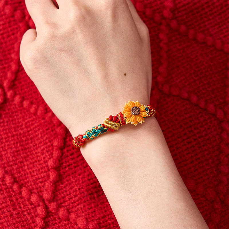 Buddha Stones Pulsera de la suerte tejida a mano con hilo rojo, flor de durazno y girasol. - image 16