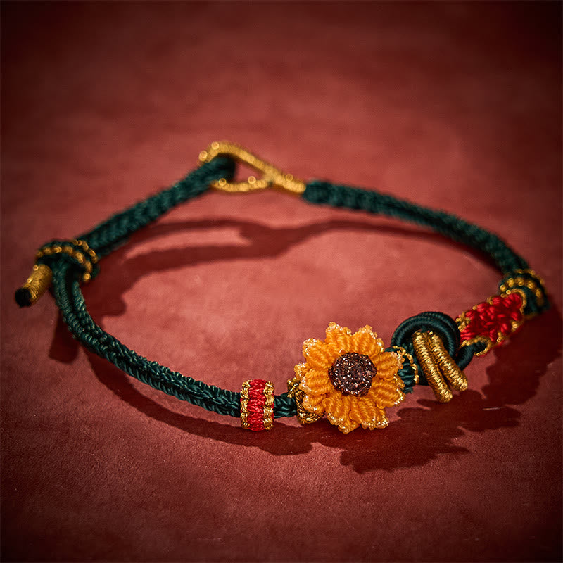 Buddha Stones Pulsera de la suerte tejida a mano con hilo rojo, flor de durazno y girasol. - image 2