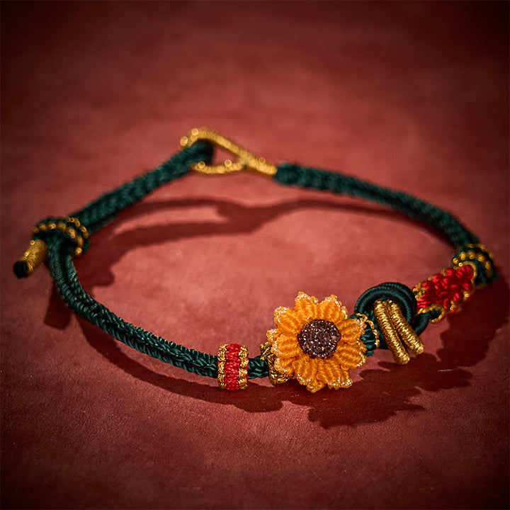 Buddha Stones Pulsera de la suerte tejida a mano con hilo rojo, flor de durazno y girasol. - image 2
