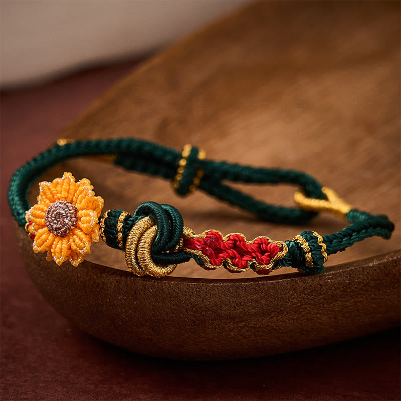 Buddha Stones Pulsera de la suerte tejida a mano con hilo rojo, flor de durazno y girasol. - image 4