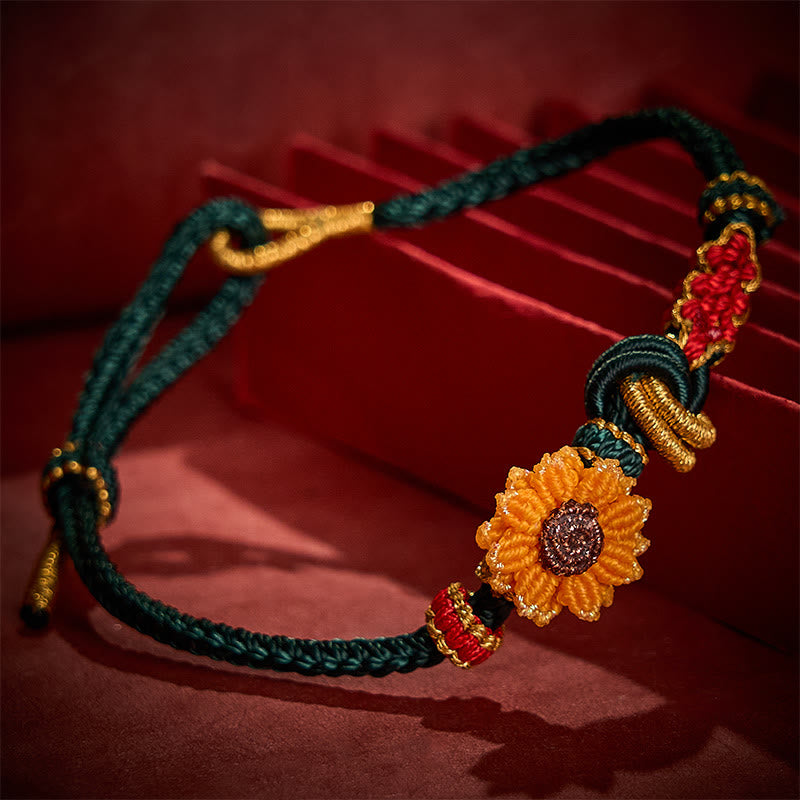 Buddha Stones Pulsera de la suerte tejida a mano con hilo rojo, flor de durazno y girasol. - image 3