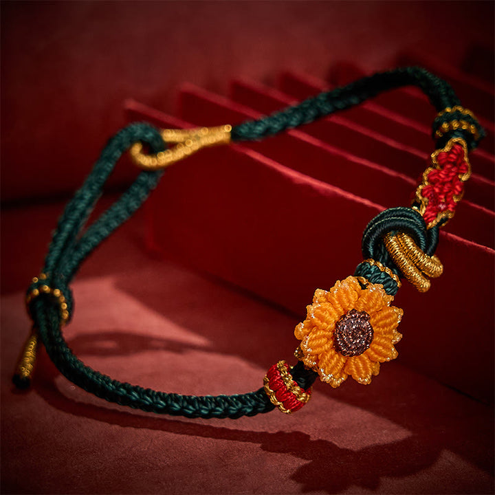 Buddha Stones Pulsera de la suerte tejida a mano con hilo rojo, flor de durazno y girasol. - image 3