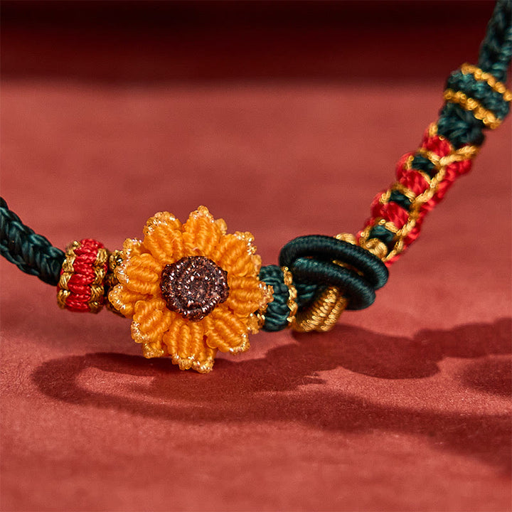 Buddha Stones Pulsera de la suerte tejida a mano con hilo rojo, flor de durazno y girasol. - image 10