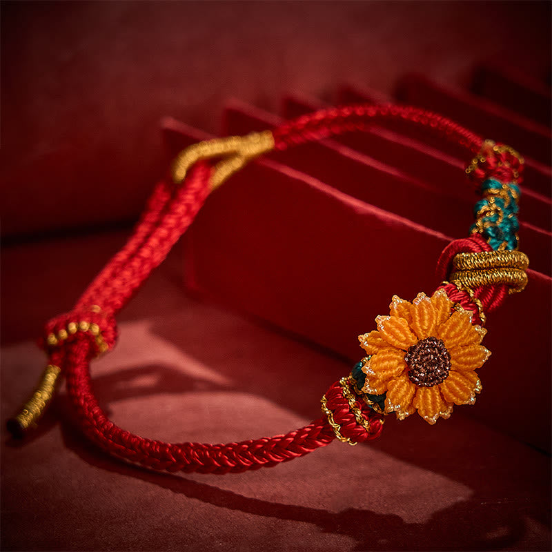 Buddha Stones Pulsera de la suerte tejida a mano con hilo rojo, flor de durazno y girasol. - image 15