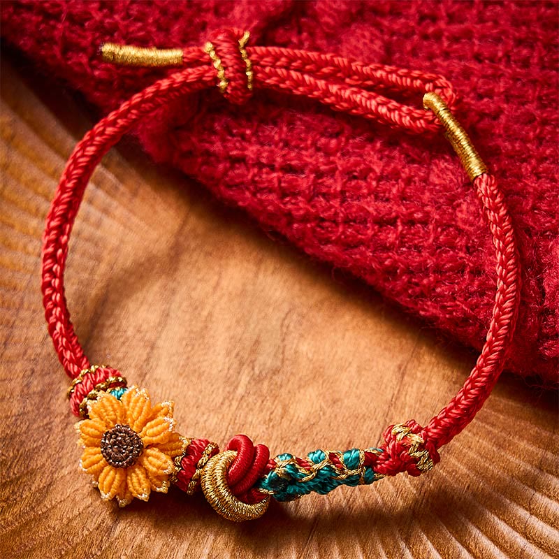 Buddha Stones Pulsera de la suerte tejida a mano con hilo rojo, flor de durazno y girasol. - image 12