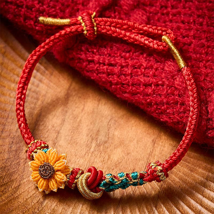 Buddha Stones Pulsera de la suerte tejida a mano con hilo rojo, flor de durazno y girasol. - image 12