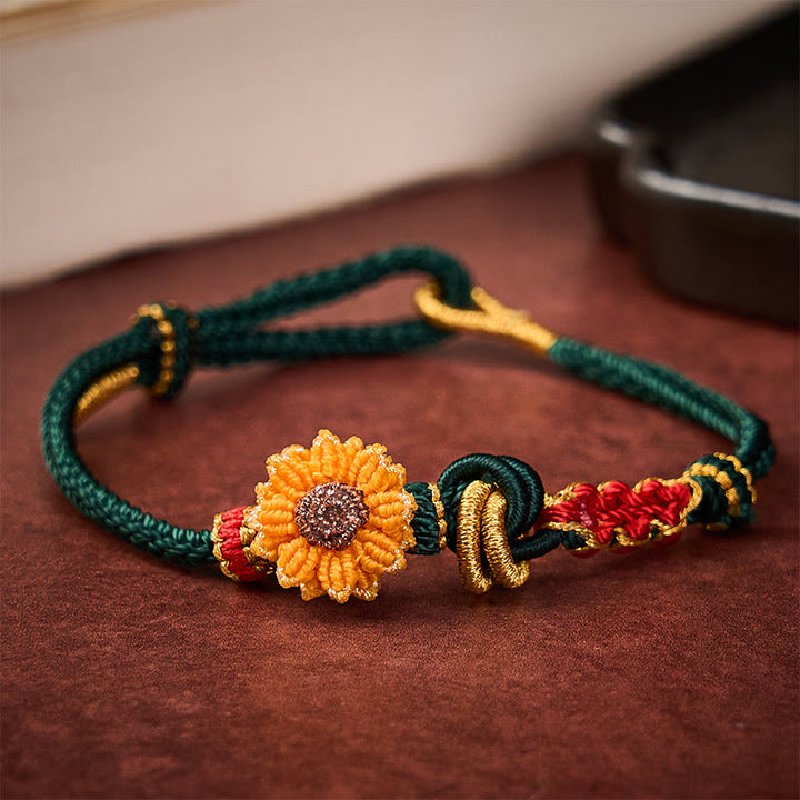 Buddha Stones Pulsera de la suerte tejida a mano con hilo rojo, flor de durazno y girasol. - Verde (Circunferencia de la muñeca: 5,51-7,48 pulgadas / 14-19 cm) - image 0