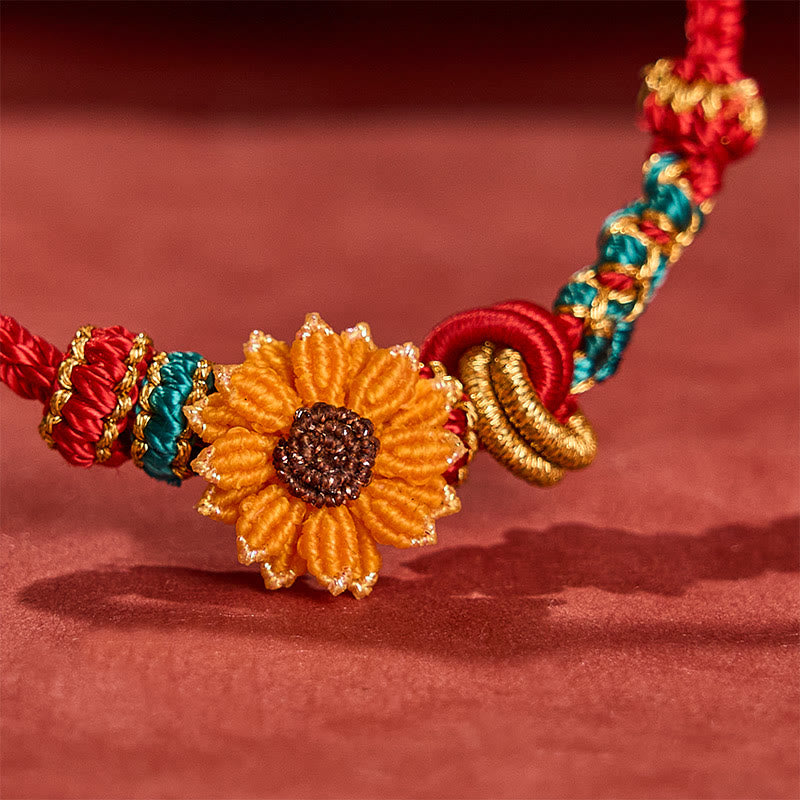 Buddha Stones Pulsera de la suerte tejida a mano con hilo rojo, flor de durazno y girasol. - image 18