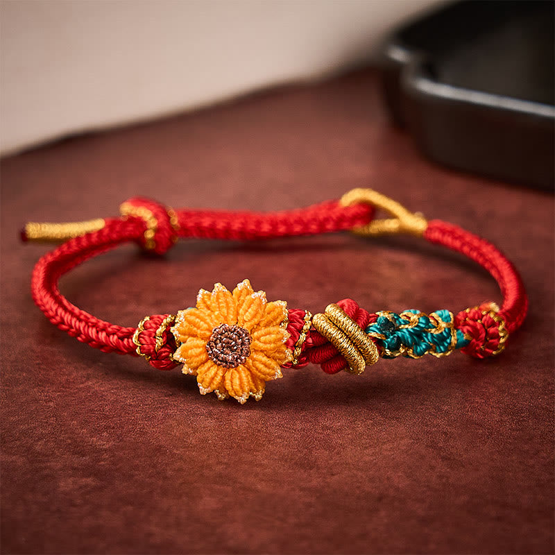 Buddha Stones Pulsera de la suerte tejida a mano con hilo rojo, flor de durazno y girasol. - Rojo (Circunferencia de la muñeca: 5,51-7,48 pulgadas / 14-19 cm) - image 11