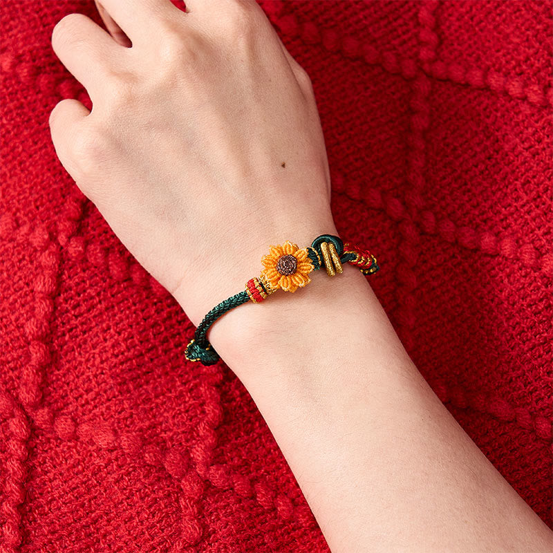 Buddha Stones Pulsera de la suerte tejida a mano con hilo rojo, flor de durazno y girasol. - image 8