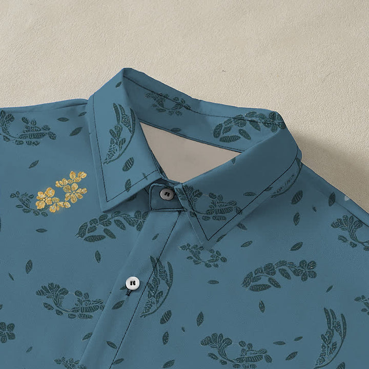 Buddha Stones Camisa transpirable de manga corta para hombre con botones y estampado floral de grullas - image 2