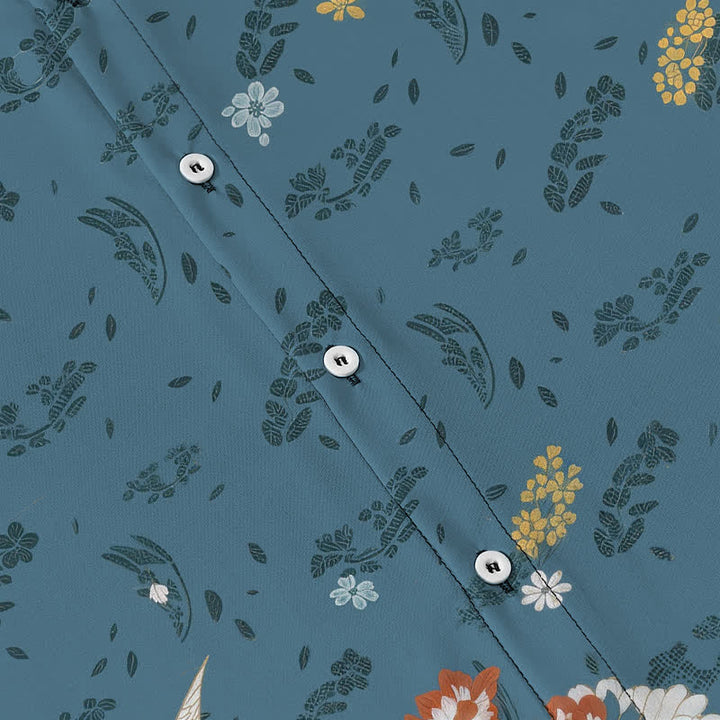 Buddha Stones Camisa transpirable de manga corta para hombre con botones y estampado floral de grullas - image 3
