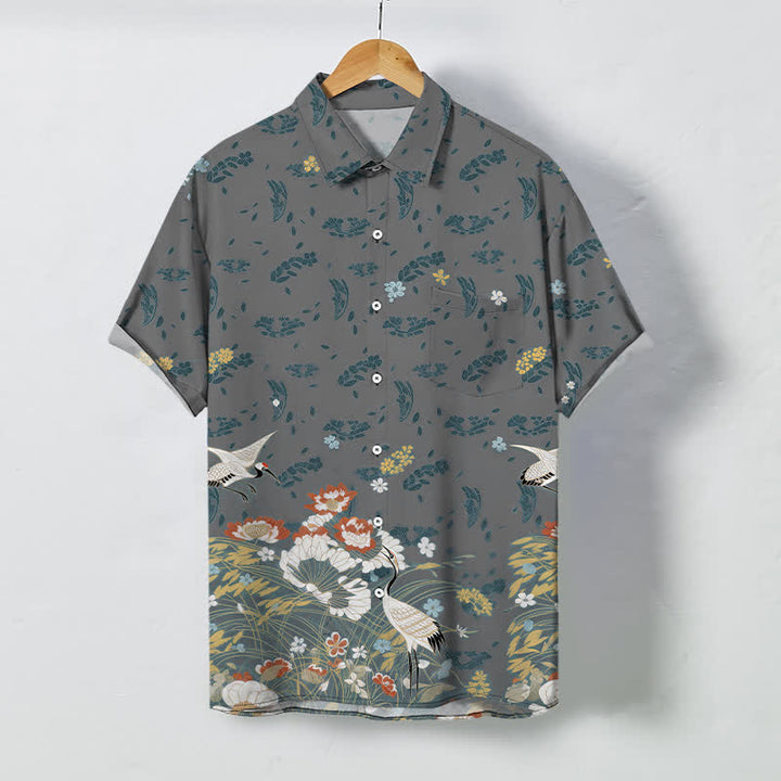 Buddha Stones Camisa transpirable de manga corta para hombre con botones y estampado floral de grullas - Gris - US/UK/AU48, UE58 (4XL) - image 5