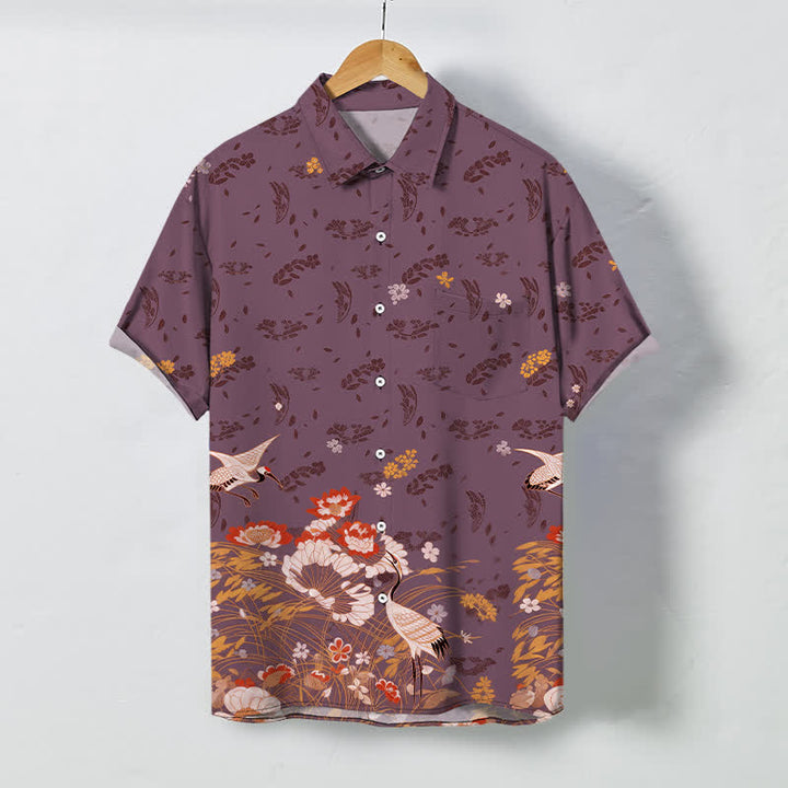 Buddha Stones Camisa transpirable de manga corta para hombre con botones y estampado floral de grullas - Rojo violeta medio - US/UK/AU48, UE58 (4XL) - image 7