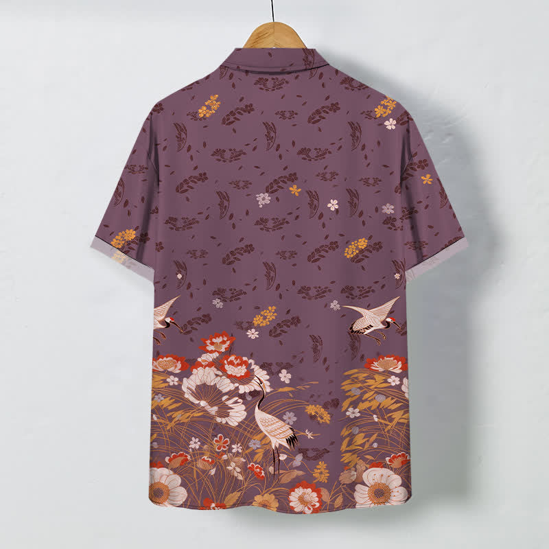 Buddha Stones Camisa transpirable de manga corta para hombre con botones y estampado floral de grullas - image 8
