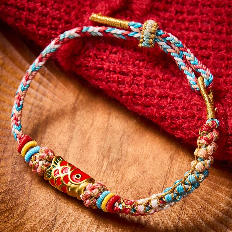 Buddha Stones Pulsera de cuerda tejida a mano con diseño de flor de durazno y pez koi para el éxito - Pez Koi (Circunferencia de la muñeca: 5,51-7,48 pulgadas / 14-19 cm) - image 0