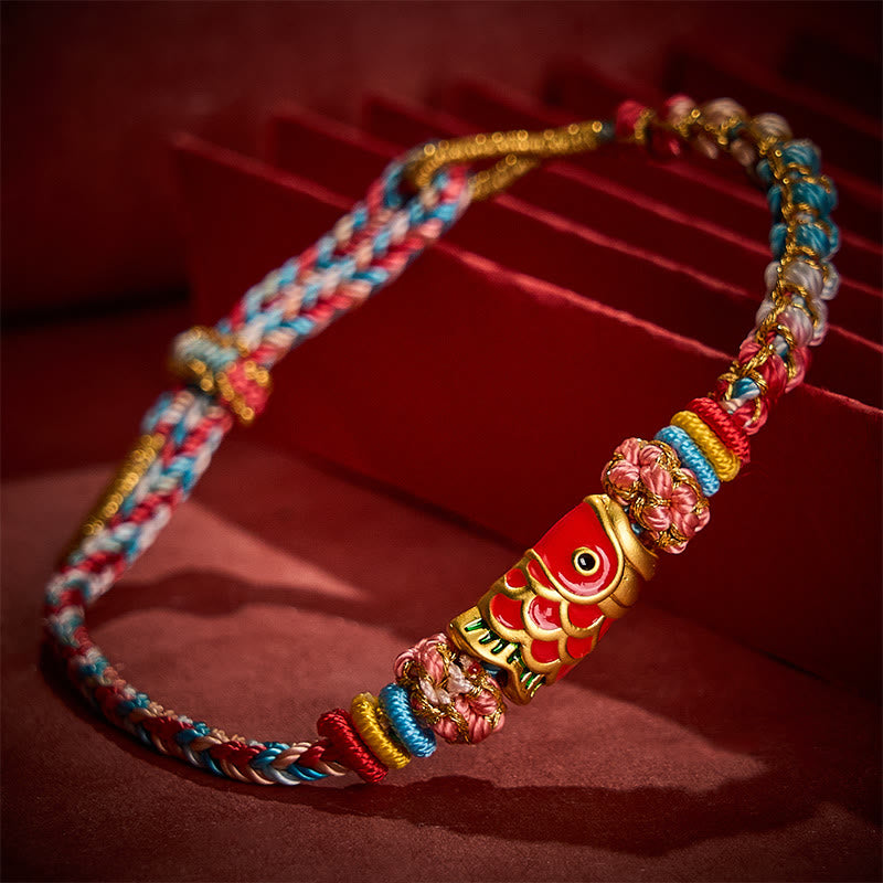 Buddha Stones Pulsera de cuerda tejida a mano con diseño de flor de durazno y pez koi para el éxito - image 2
