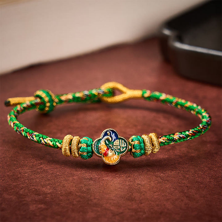 Buddha Stones Pulsera de cuerda tejida a mano con diseño de pez koi y el símbolo del éxito. - image 2
