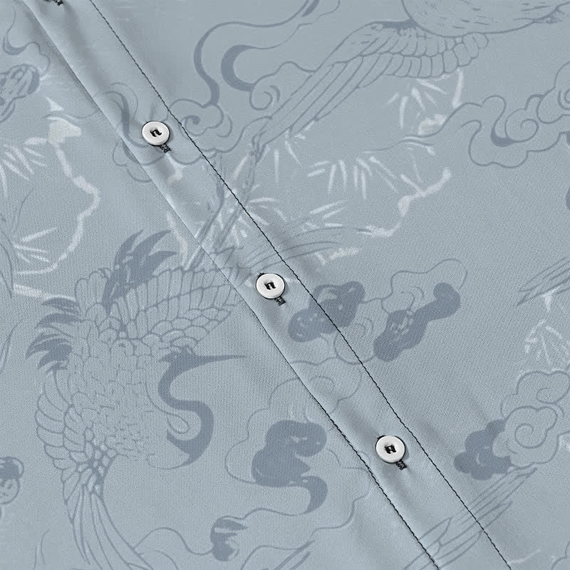 Buddha Stones Camisa transpirable de manga corta para hombre con botones y estampado de grullas en las nubes - image 3