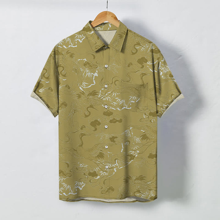 Buddha Stones Camisa transpirable de manga corta para hombre con botones y estampado de grullas en las nubes - Caqui oscuro - US/UK/AU48, UE58 (4XL) - image 7