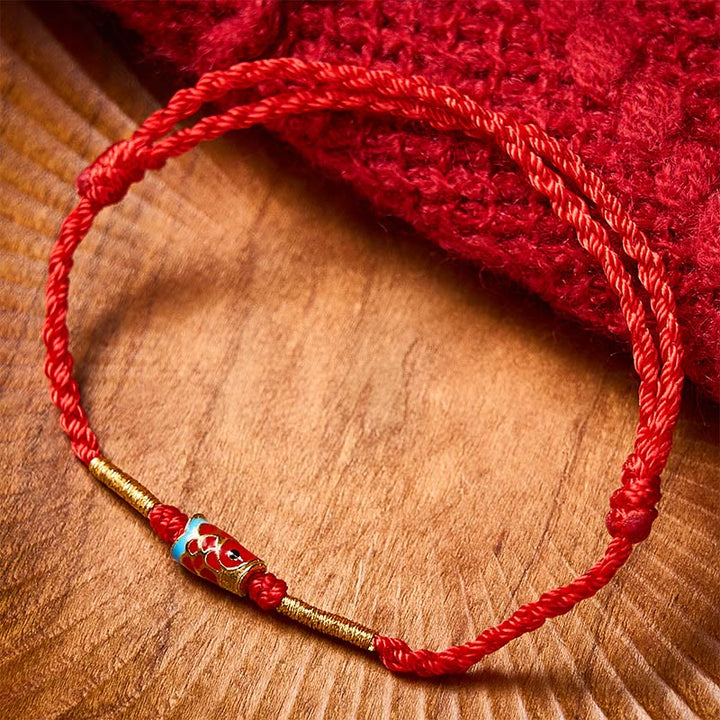 Buddha Stones Pulsera ajustable de cobre con dije de pez koi de la suerte, tejida a mano en hilo rojo. - image 1