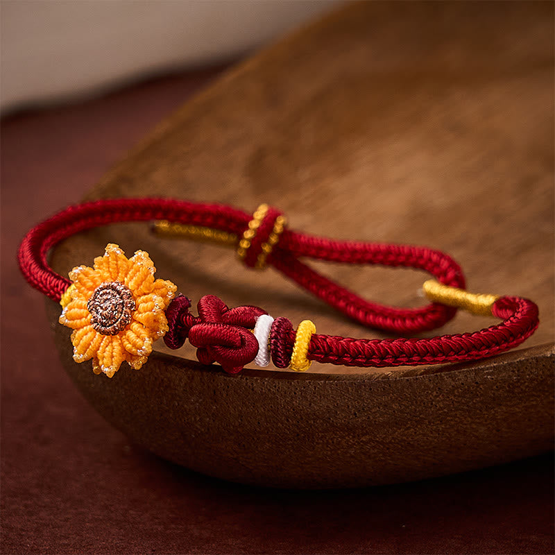 Buddha Stones Pulsera de la suerte con girasol y cordón rojo tejida a mano - Rojo (Circunferencia de la muñeca: 5,51-7,48 pulgadas / 14-19 cm) - image 0