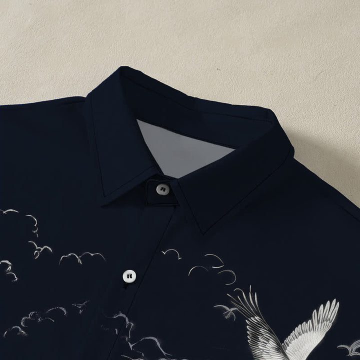 Buddha Stones Camisa transpirable de manga corta para hombre con botones y estampado de nubes y montaña de grullas de tinta - image 2