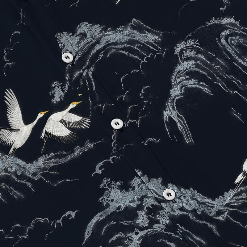 Buddha Stones Camisa transpirable de manga corta para hombre con botones y estampado de nubes y montaña de grullas de tinta - image 3