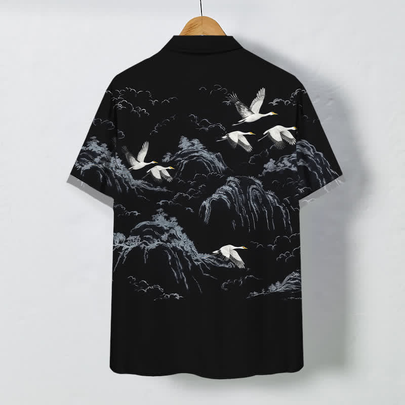 Buddha Stones Camisa transpirable de manga corta para hombre con botones y estampado de nubes y montaña de grullas de tinta - image 6