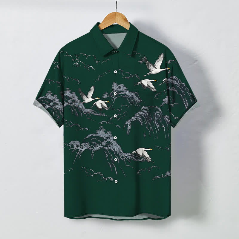 Buddha Stones Camisa transpirable de manga corta para hombre con botones y estampado de nubes y montaña de grullas de tinta - Verde oscuro - US/UK/AU48, UE58 (4XL) - image 7