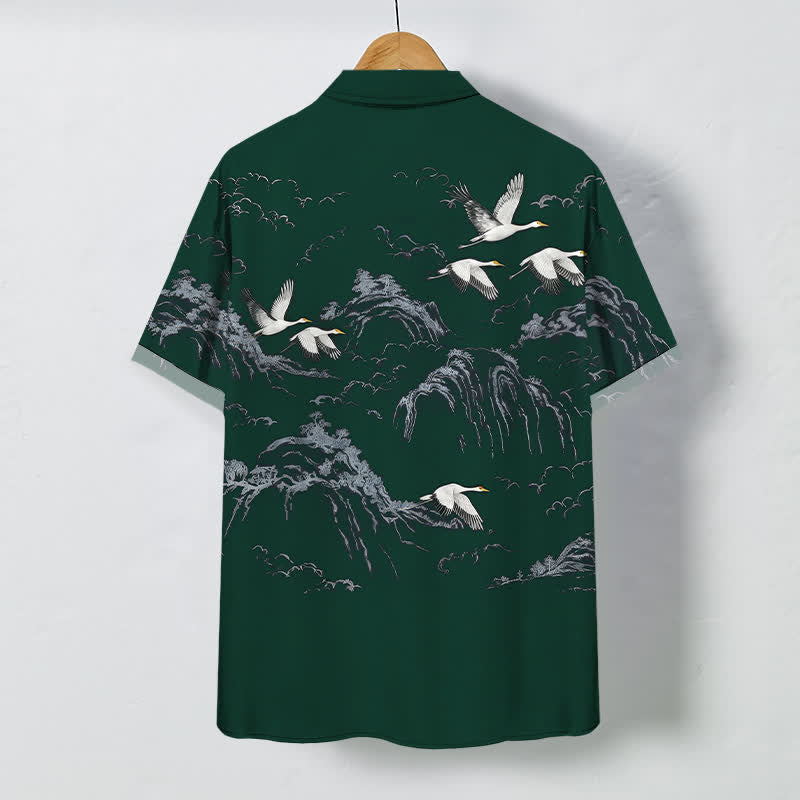 Buddha Stones Camisa transpirable de manga corta para hombre con botones y estampado de nubes y montaña de grullas de tinta - image 8