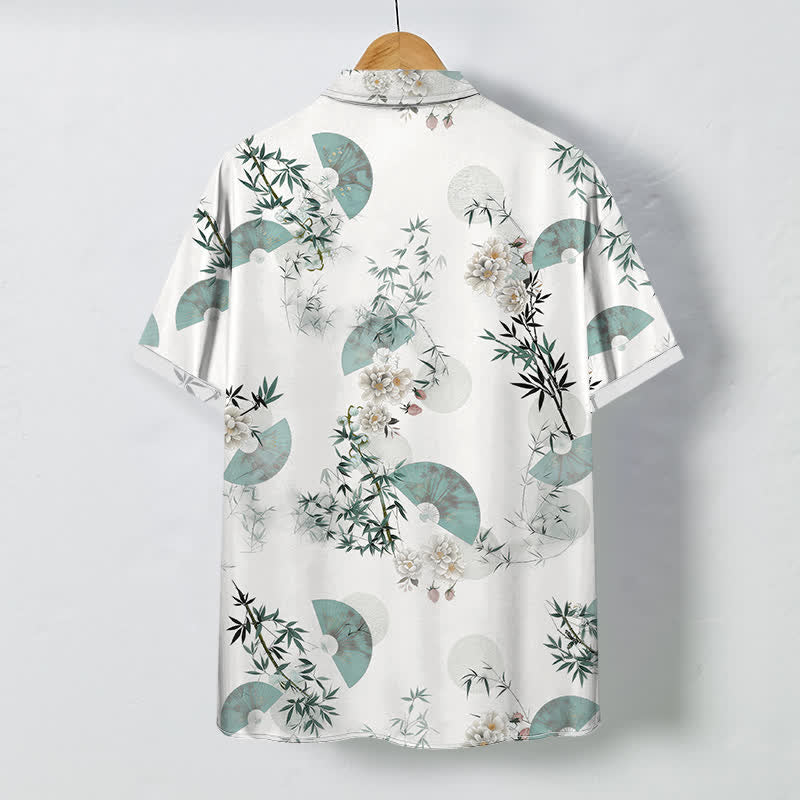 Buddha Stones Camisa de manga corta transpirable para hombre con botones y estampado de flores de bambú de Mint Fan - image 1