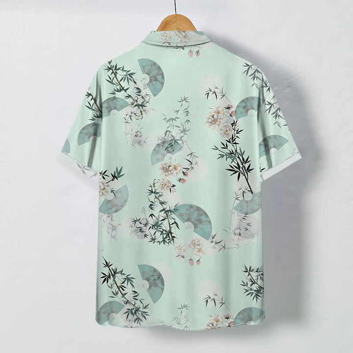 Buddha Stones Camisa de manga corta transpirable para hombre con botones y estampado de flores de bambú de Mint Fan - image 4