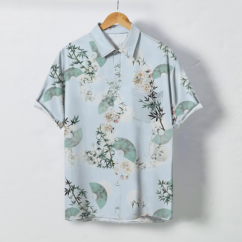 Buddha Stones Camisa de manga corta transpirable para hombre con botones y estampado de flores de bambú de Mint Fan - Azul claro - US/UK/AU48, UE58 (4XL) - image 5