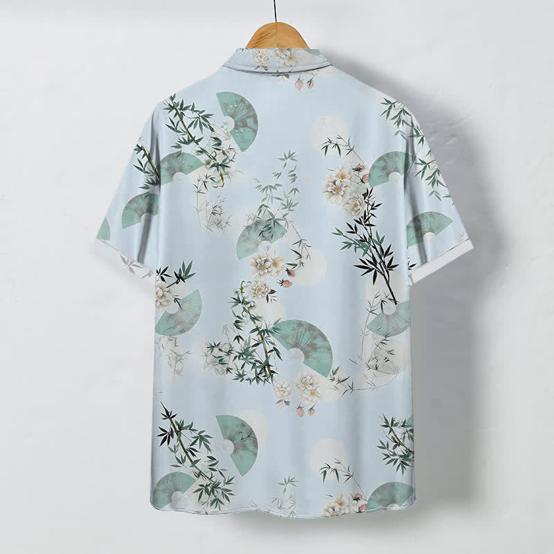 Buddha Stones Camisa de manga corta transpirable para hombre con botones y estampado de flores de bambú de Mint Fan - image 6